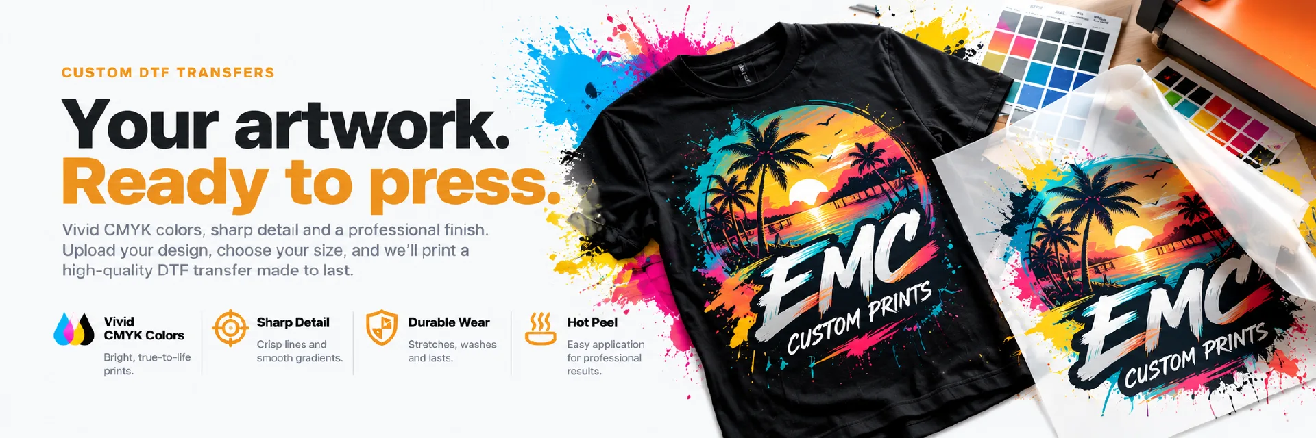 Custom DTF transfers with vivid CMYK colors, sharp detail, durable wear, and hot peel application